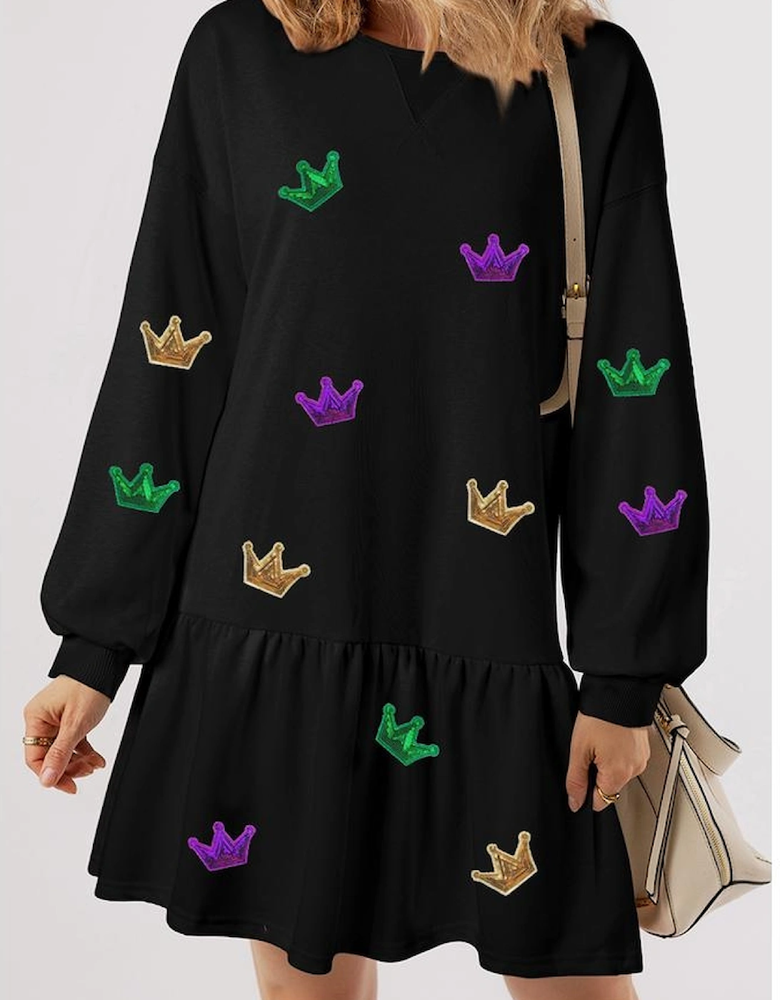 Black Mardi Gras Crown Patched Long Sleeve Ruffle Hem Dress