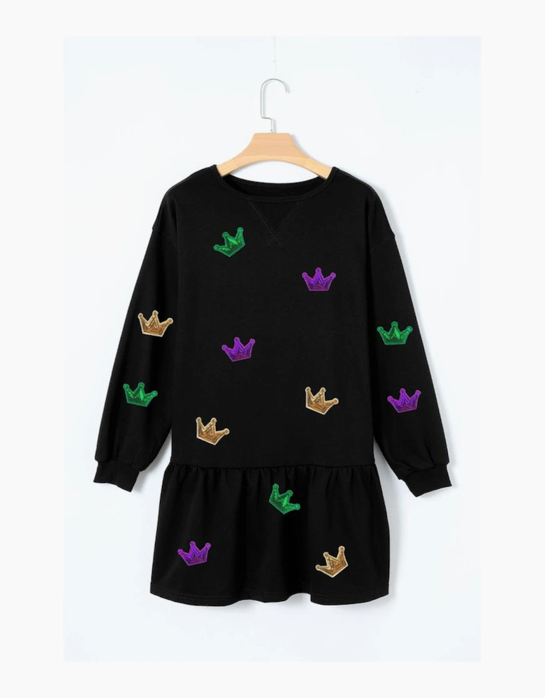Black Mardi Gras Crown Patched Long Sleeve Ruffle Hem Dress