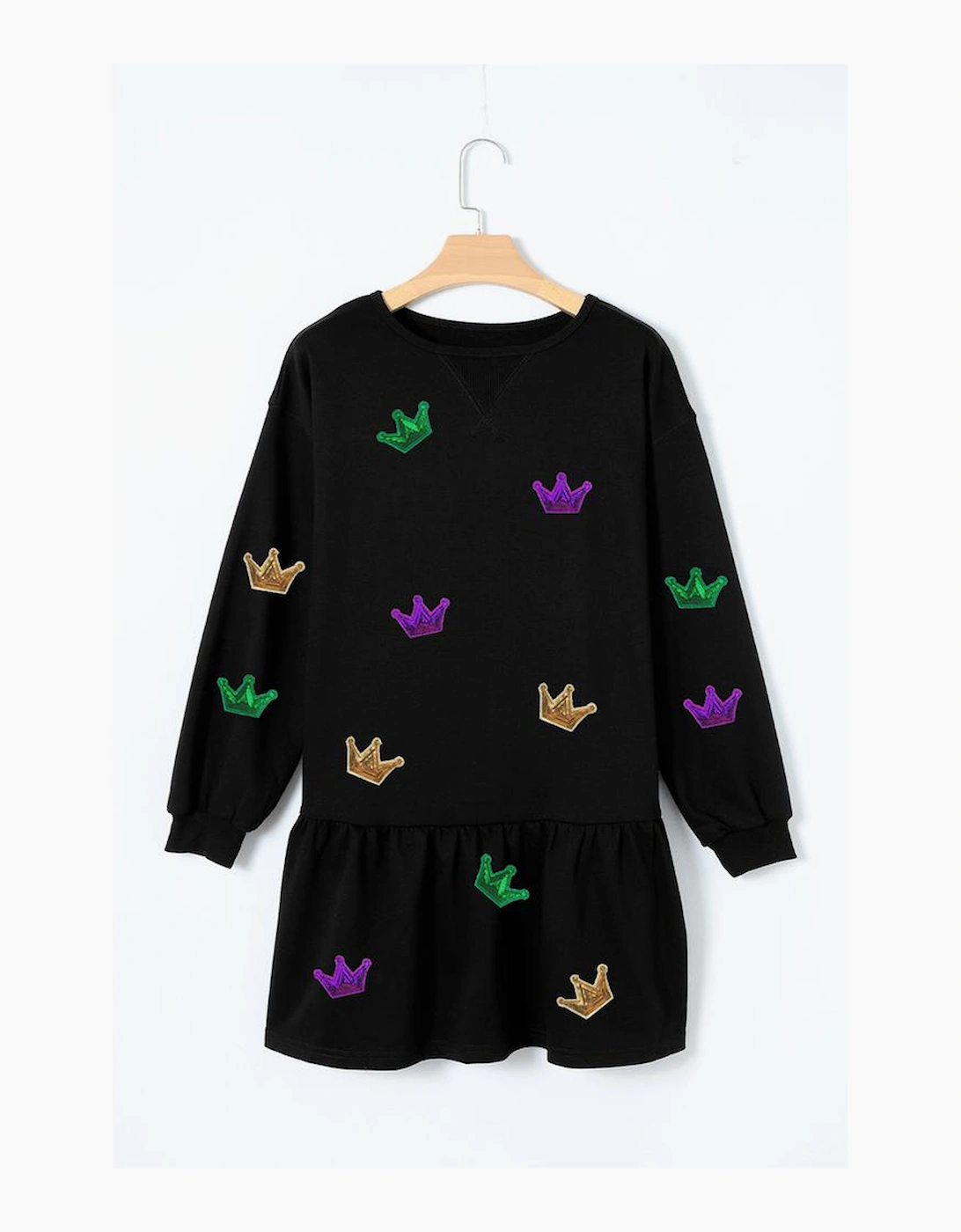 Black Mardi Gras Crown Patched Long Sleeve Ruffle Hem Dress