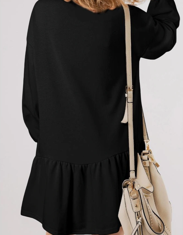 Black Mardi Gras Crown Patched Long Sleeve Ruffle Hem Dress