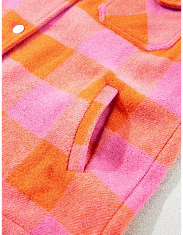 Orange Plaid Chest Pockets Button-up Turn Down Collar Jacket