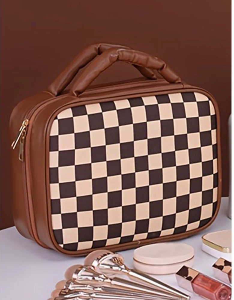 Black Checkered Multiple Compartments PU Leather Cosmetic Bag