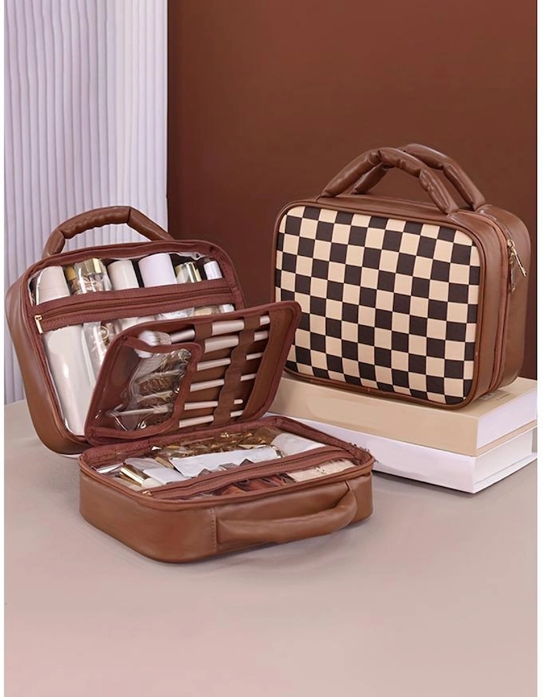 Black Checkered Multiple Compartments PU Leather Cosmetic Bag