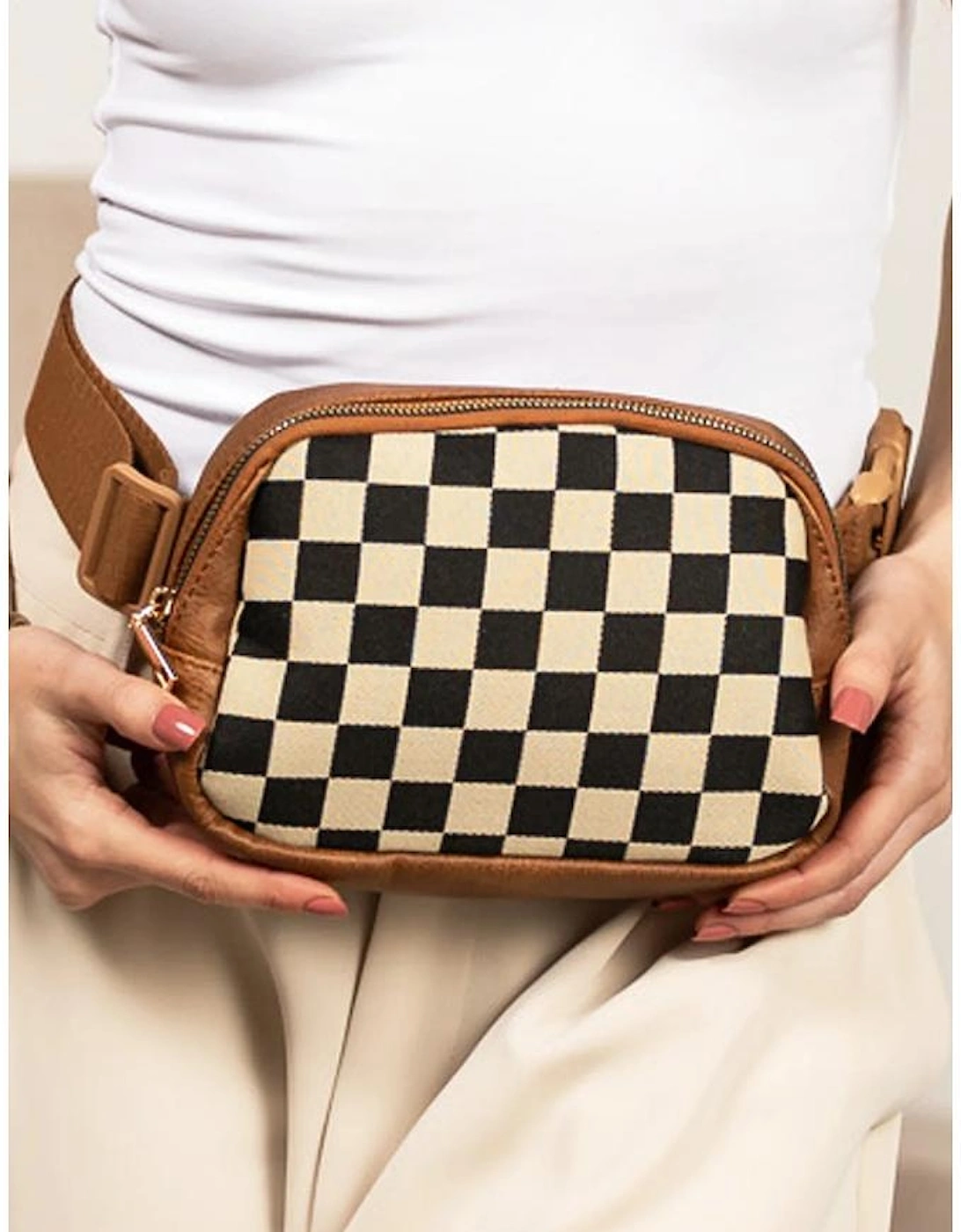 Coffee Faux Leather Checkered Patchwork Crossbody Waist Bag, 8 of 7