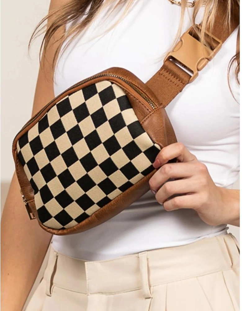 Coffee Faux Leather Checkered Patchwork Crossbody Waist Bag