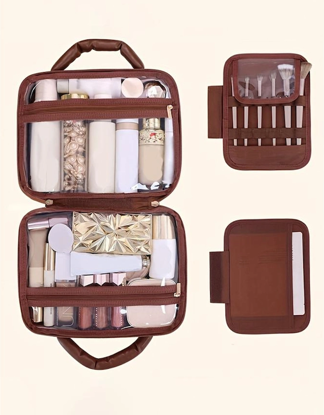 Black Checkered Multiple Compartments PU Leather Cosmetic Bag, 11 of 10