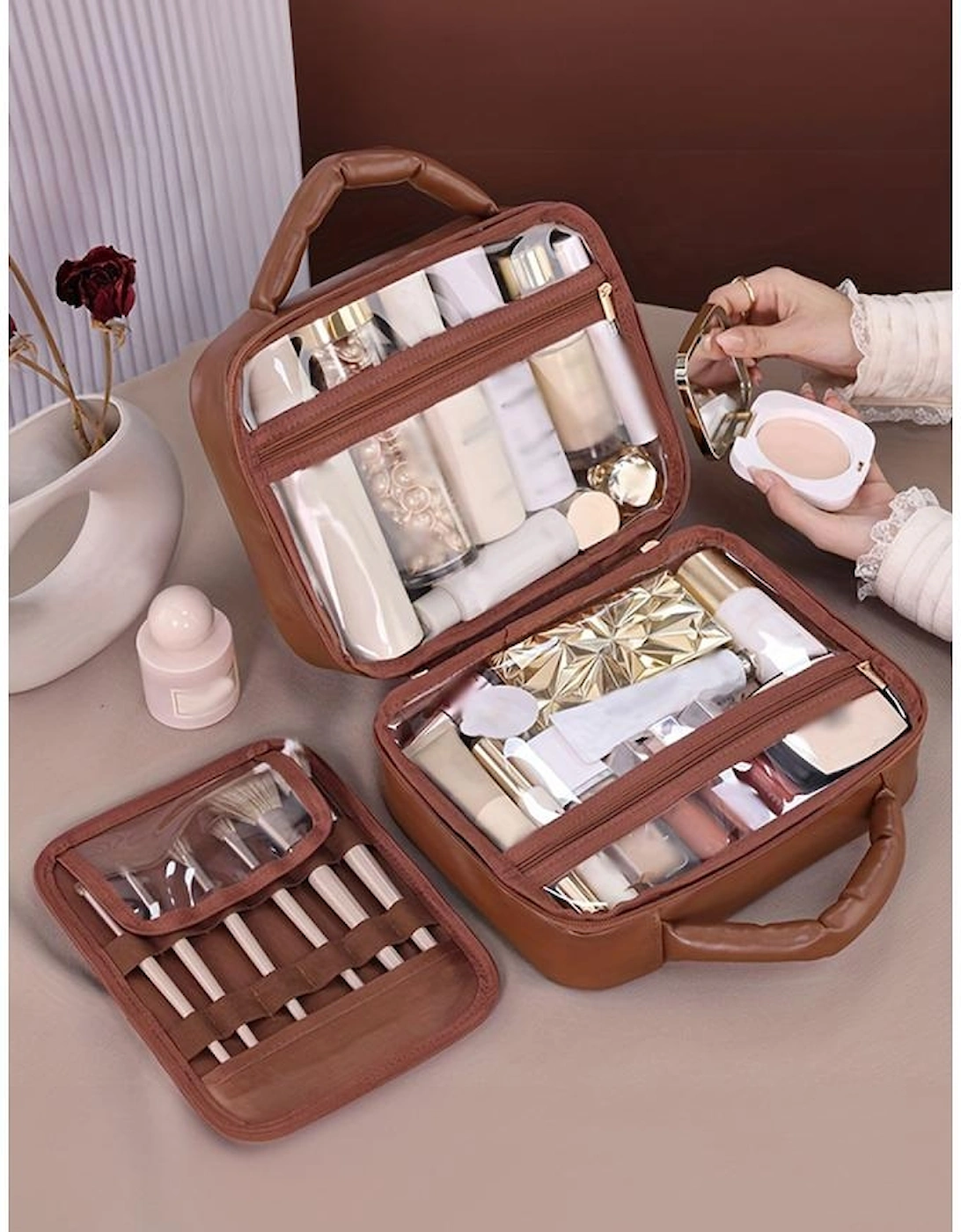 Black Checkered Multiple Compartments PU Leather Cosmetic Bag