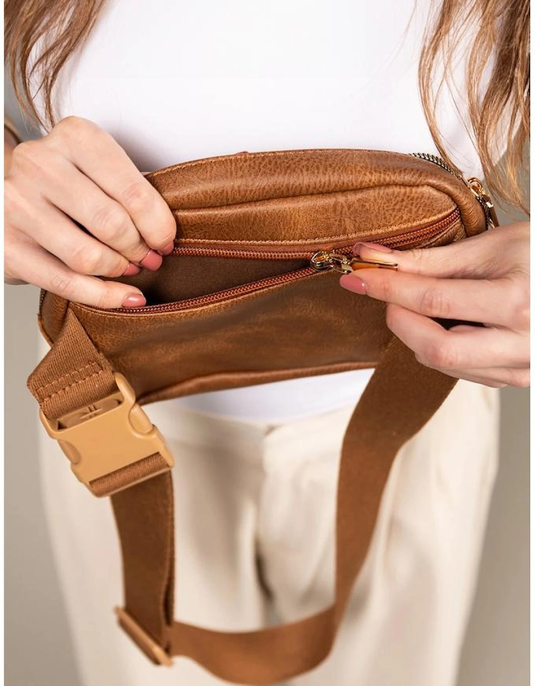 Coffee Faux Leather Checkered Patchwork Crossbody Waist Bag