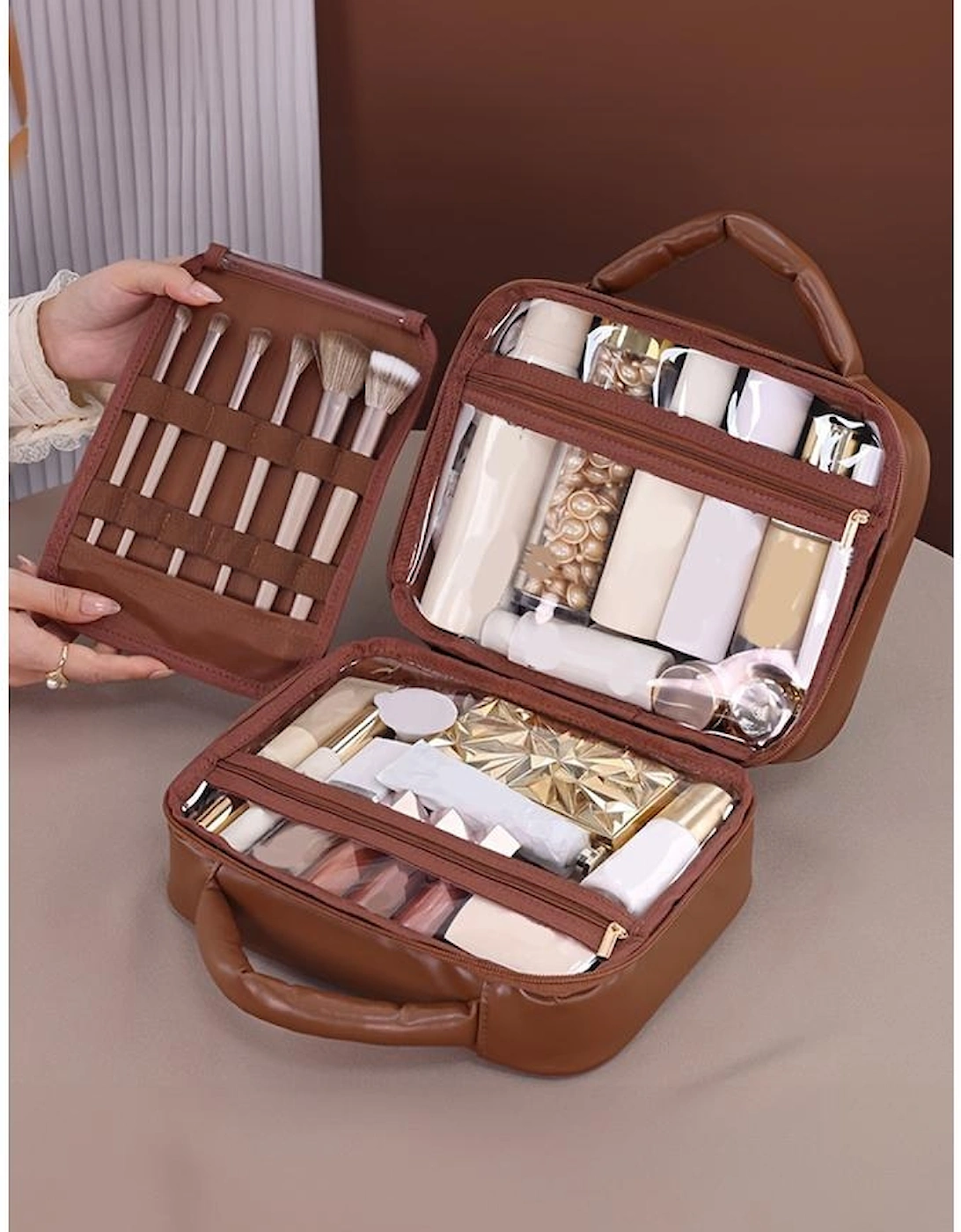 Black Checkered Multiple Compartments PU Leather Cosmetic Bag