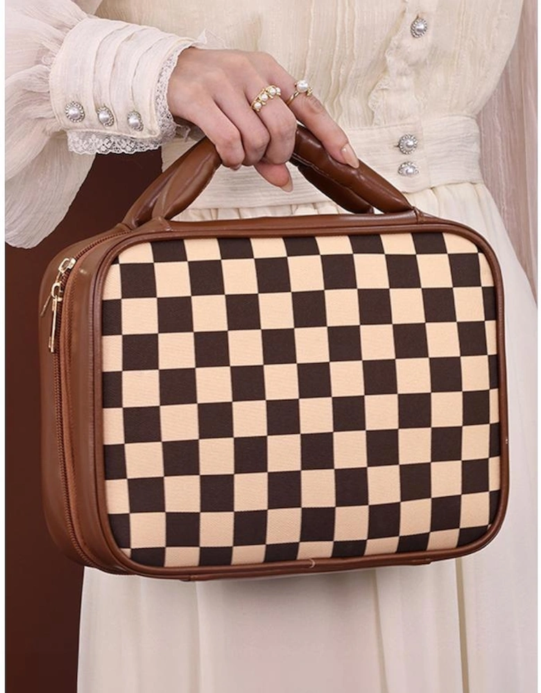 Black Checkered Multiple Compartments PU Leather Cosmetic Bag