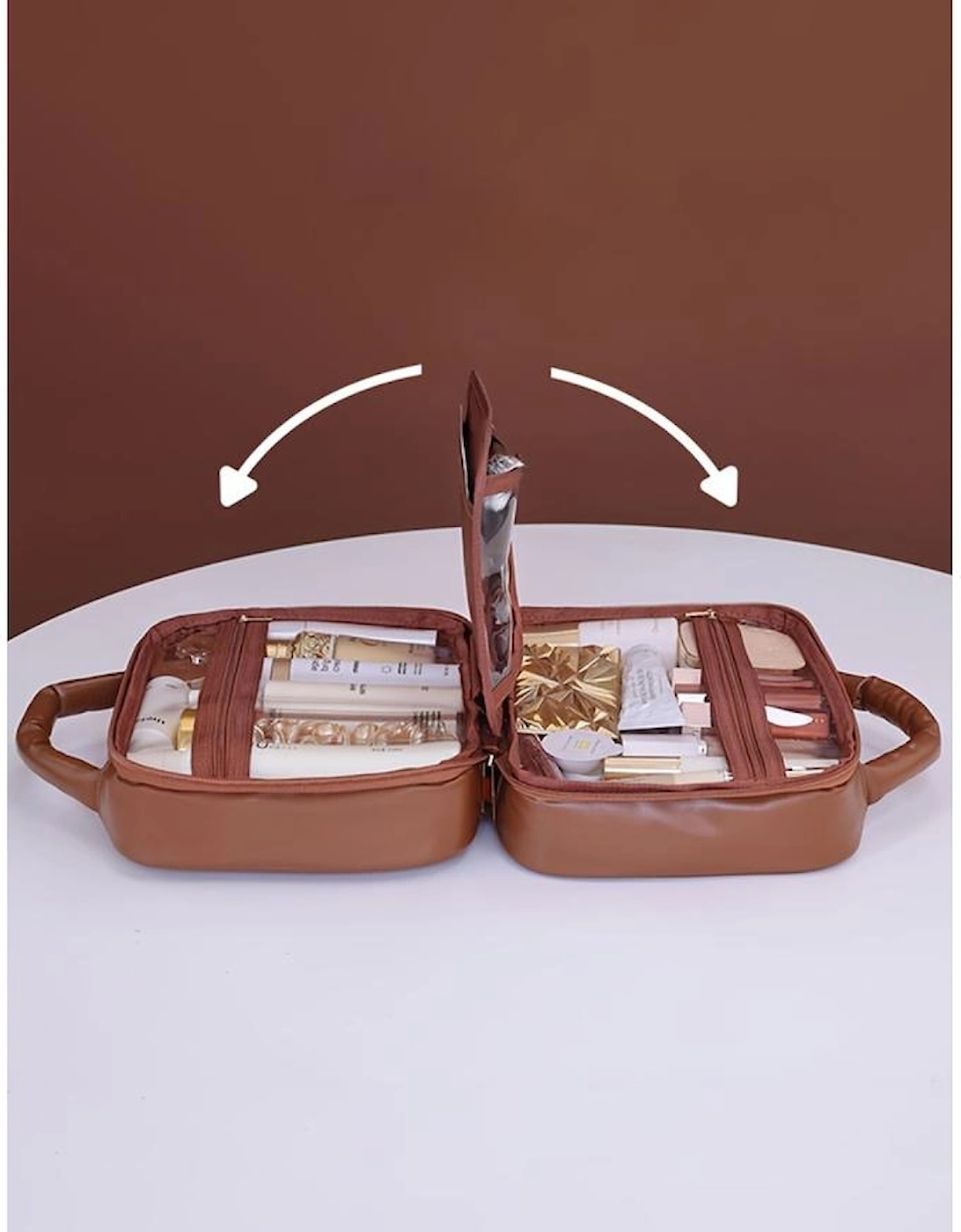 Black Checkered Multiple Compartments PU Leather Cosmetic Bag