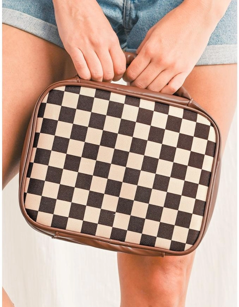 Black Checkered Multiple Compartments PU Leather Cosmetic Bag