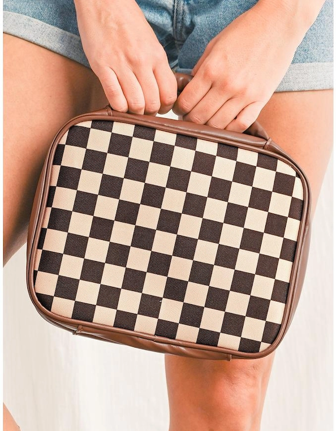 Black Checkered Multiple Compartments PU Leather Cosmetic Bag