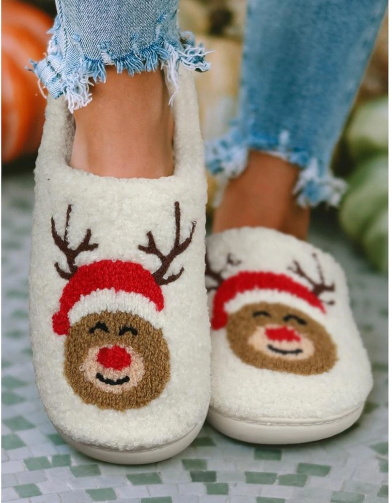 Azura Exchange White Christmas Deer Home Indoor Plush Slippers