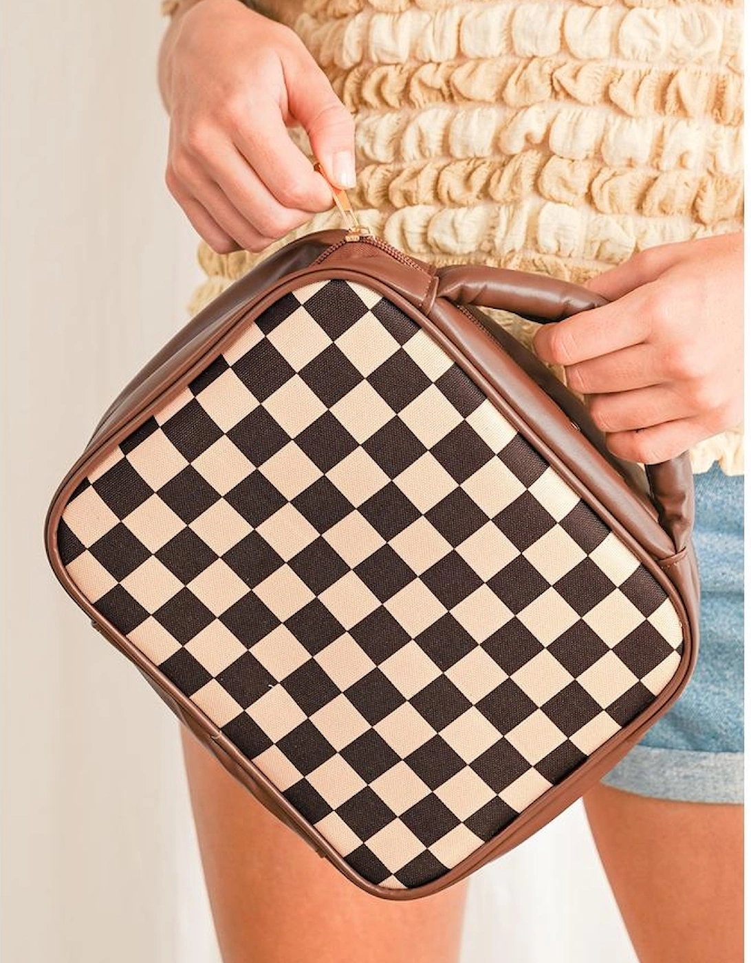 Black Checkered Multiple Compartments PU Leather Cosmetic Bag