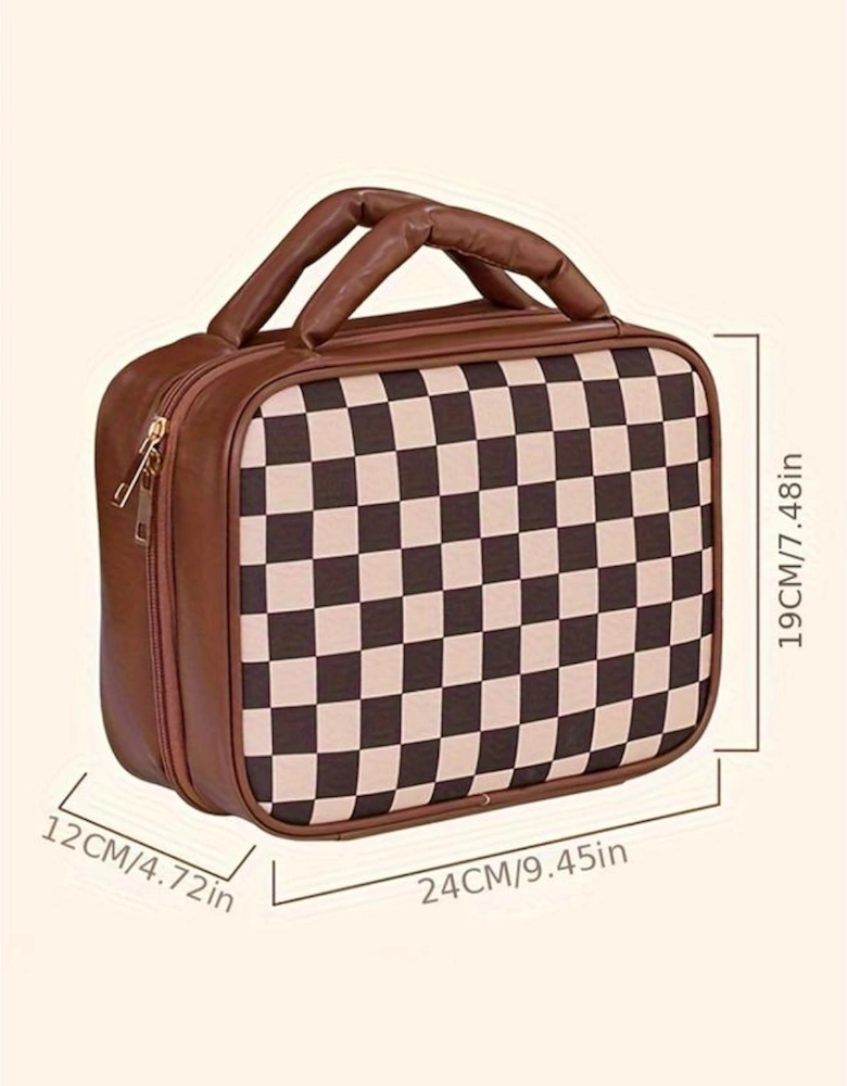 Black Checkered Multiple Compartments PU Leather Cosmetic Bag