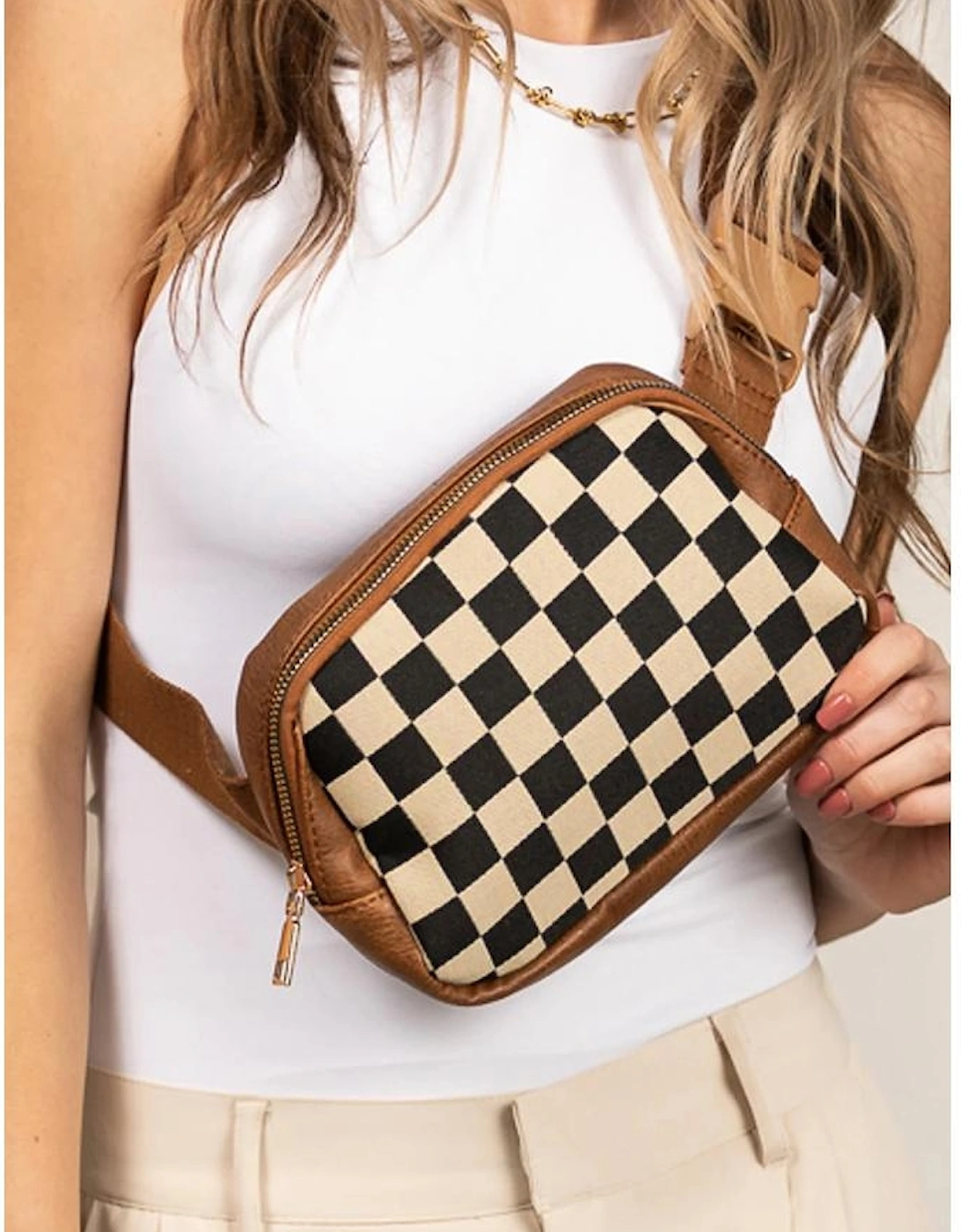 Coffee Faux Leather Checkered Patchwork Crossbody Waist Bag