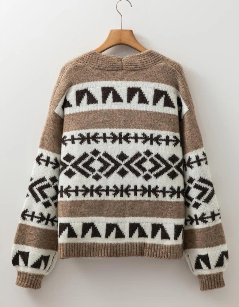 Dark Khaki Ethnic Geometric Pattern Button Front V Neck Sweater Cardigan