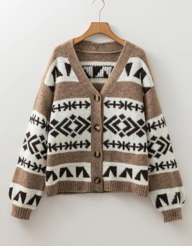 Dark Khaki Ethnic Geometric Pattern Button Front V Neck Sweater Cardigan
