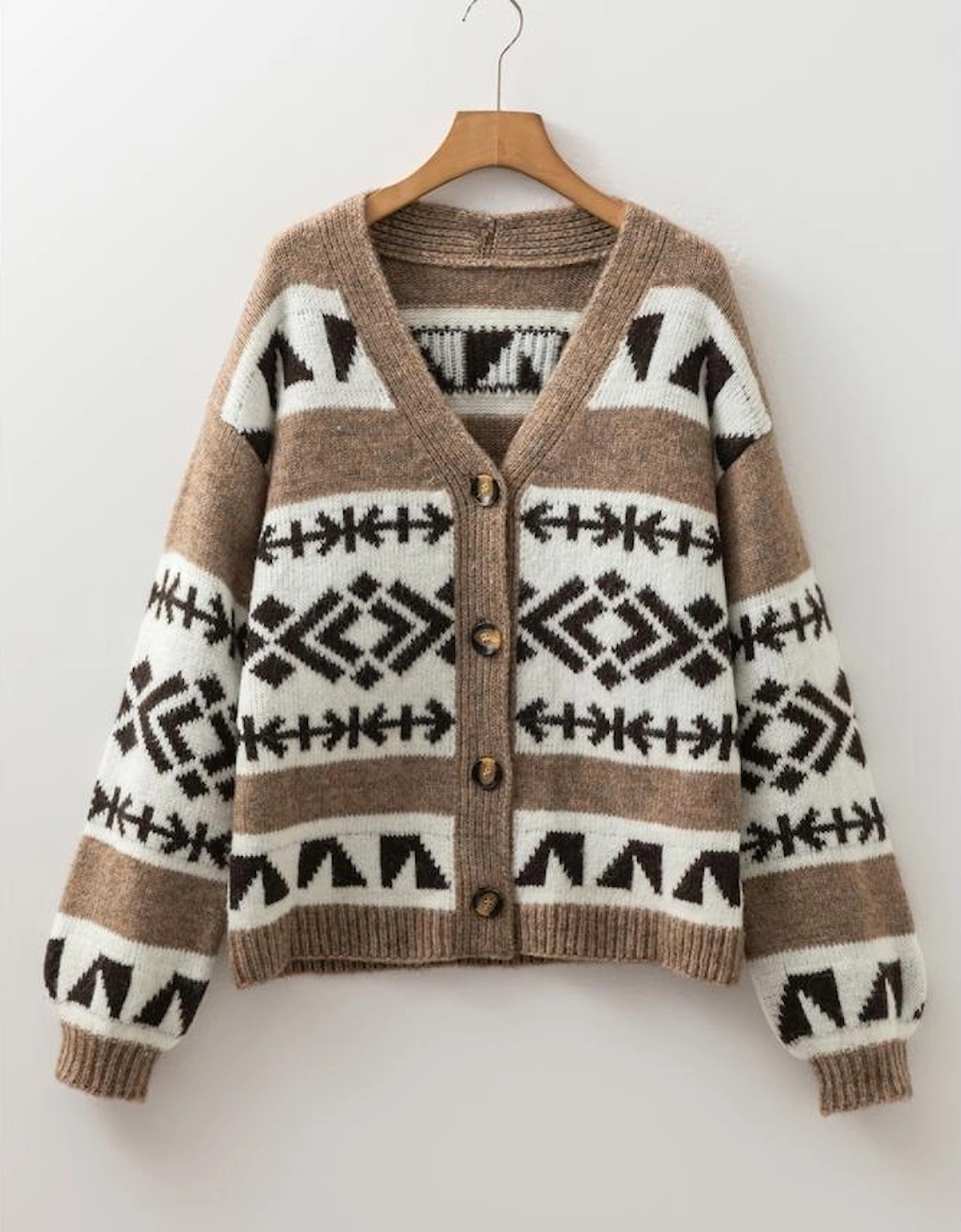 Dark Khaki Ethnic Geometric Pattern Button Front V Neck Sweater Cardigan