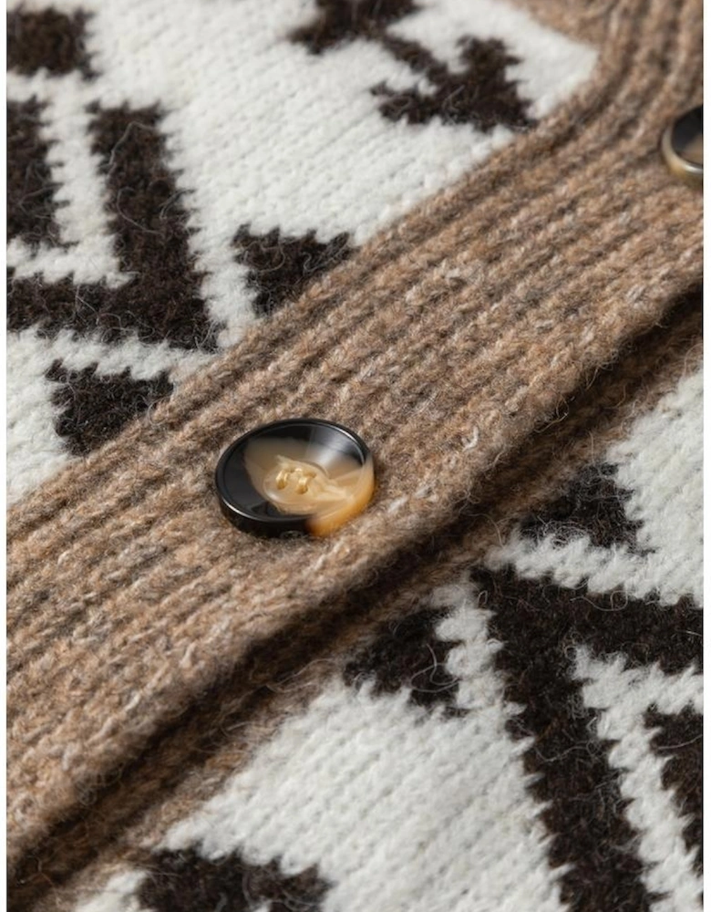 Dark Khaki Ethnic Geometric Pattern Button Front V Neck Sweater Cardigan