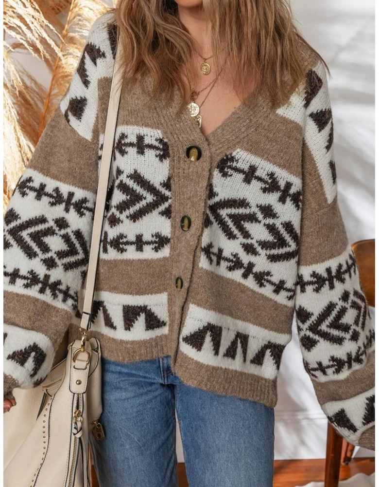 Dark Khaki Ethnic Geometric Pattern Button Front V Neck Sweater Cardigan