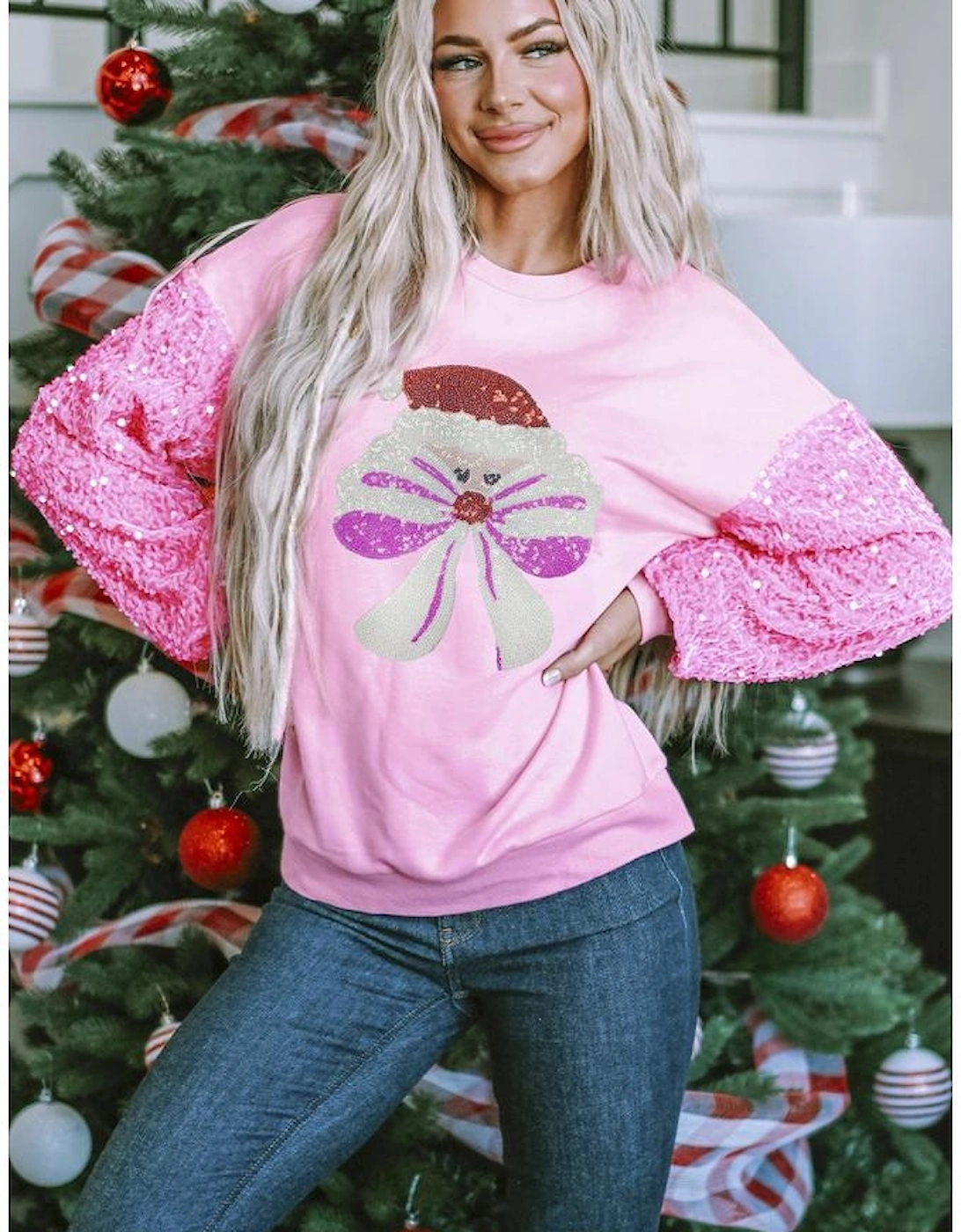 Pink Bow Father Christmas Graphic Sequin Patchwork Long Sleeve Top