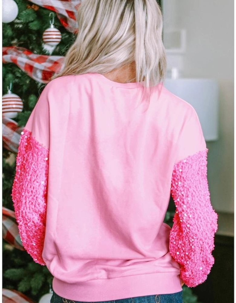 Pink Bow Father Christmas Graphic Sequin Patchwork Long Sleeve Top