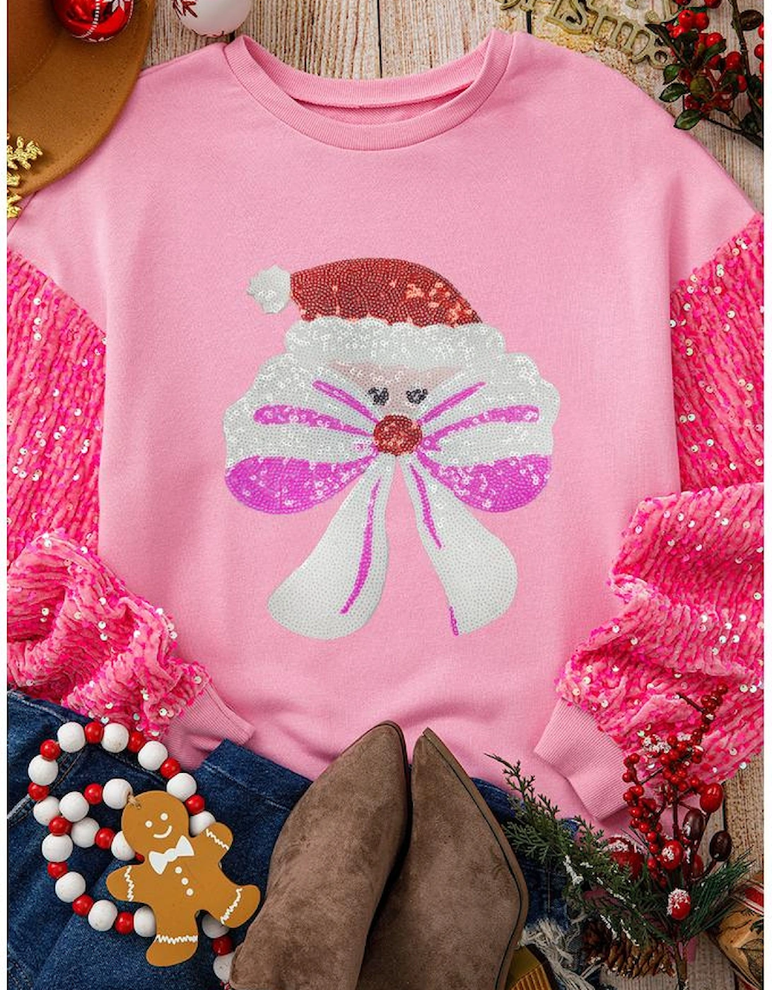 Pink Bow Father Christmas Graphic Sequin Patchwork Long Sleeve Top