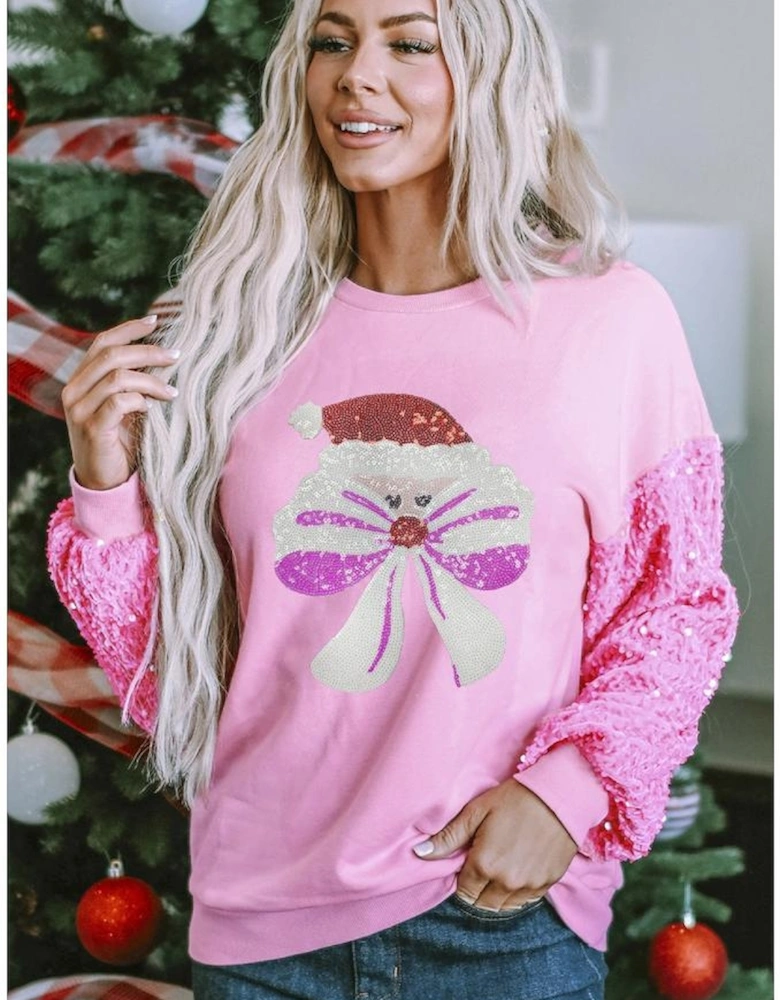 Pink Bow Father Christmas Graphic Sequin Patchwork Long Sleeve Top