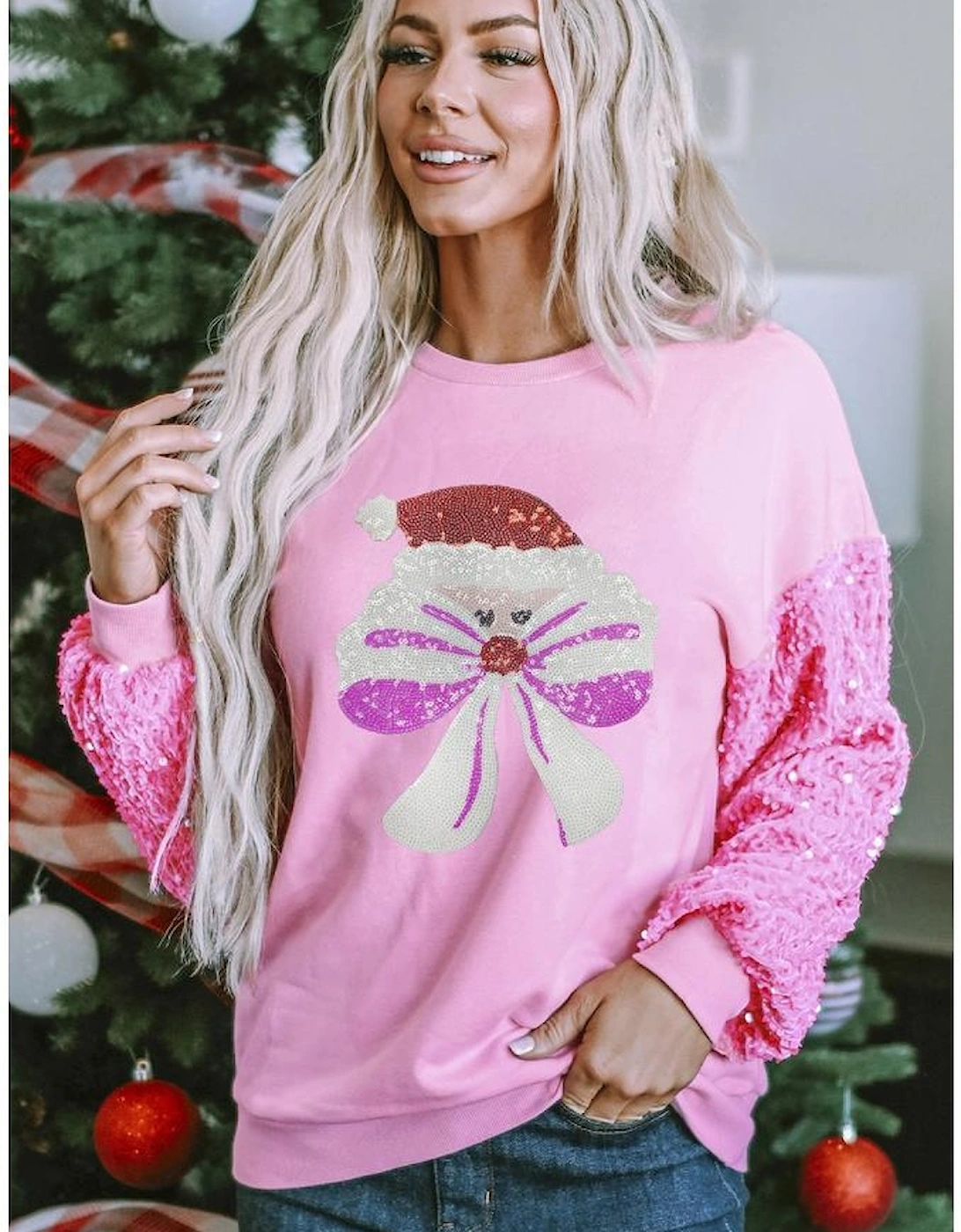 Pink Bow Father Christmas Graphic Sequin Patchwork Long Sleeve Top, 5 of 4