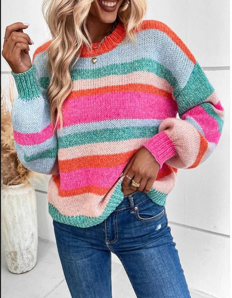 Multicolor Striped Knit Drop Shoulder Puff Sleeve Sweater