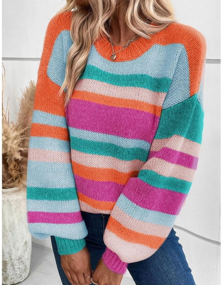Multicolor Striped Knit Drop Shoulder Puff Sleeve Sweater