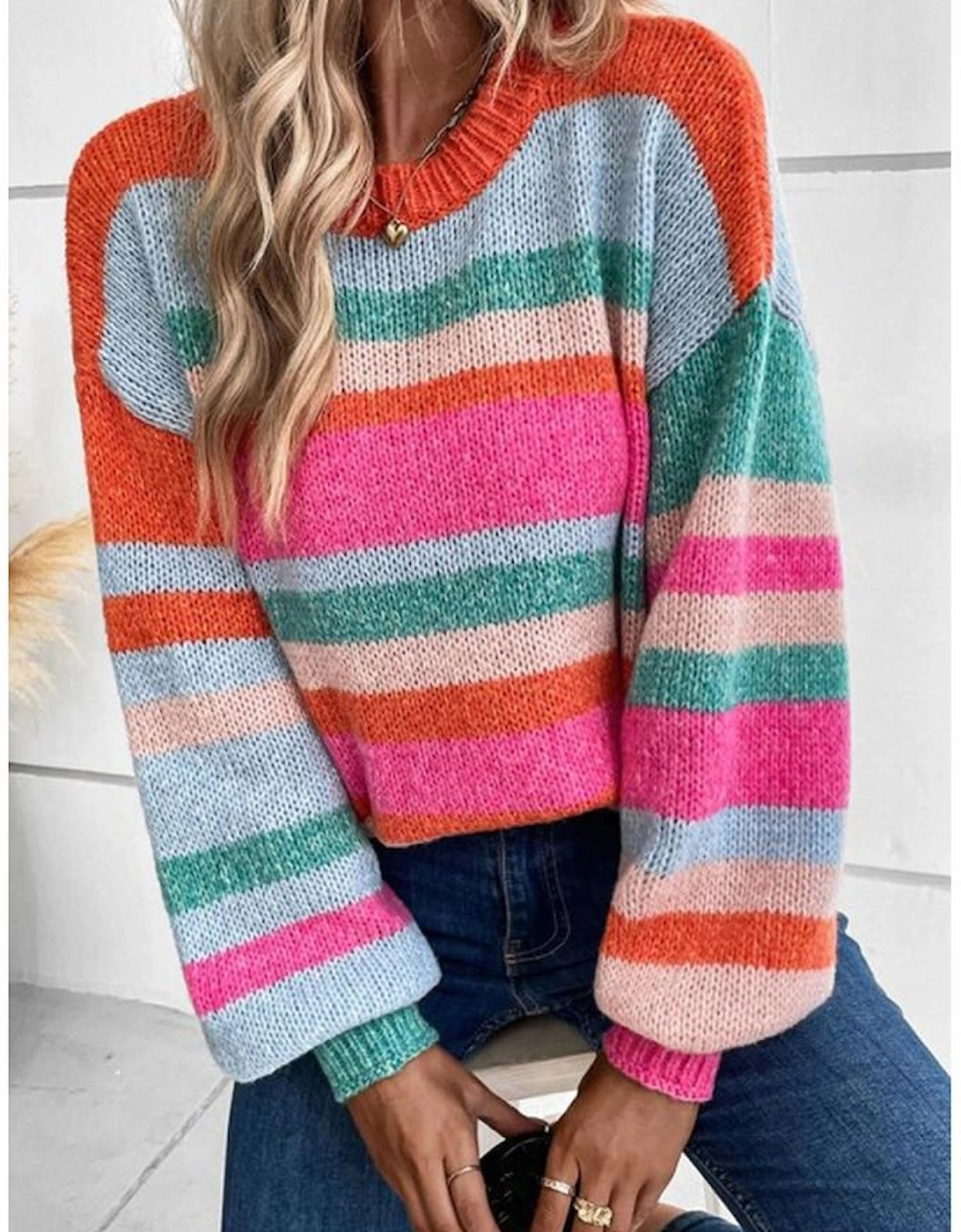 Multicolor Striped Knit Drop Shoulder Puff Sleeve Sweater, 8 of 7
