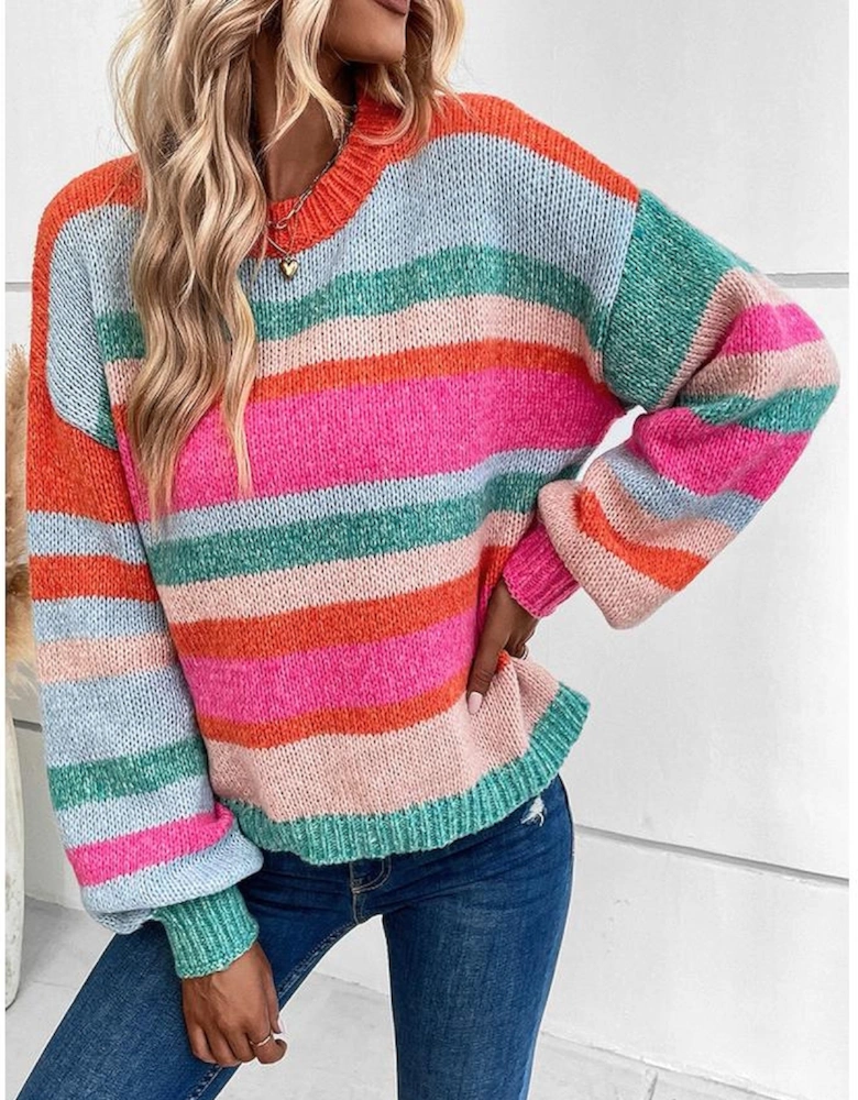 Multicolor Striped Knit Drop Shoulder Puff Sleeve Sweater