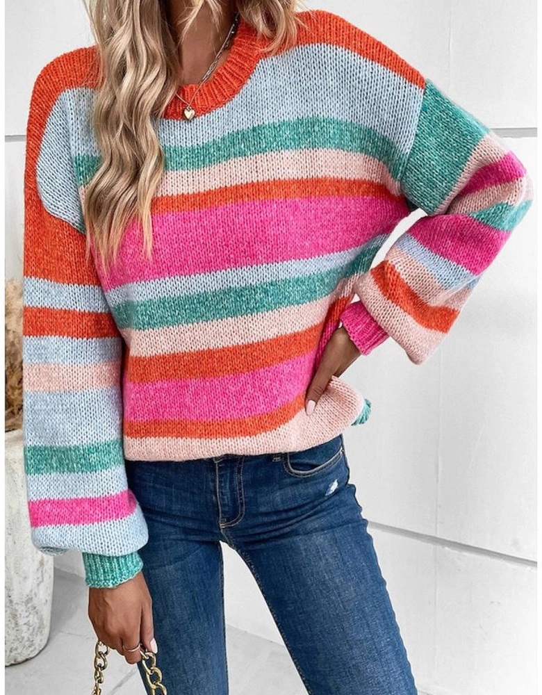 Multicolor Striped Knit Drop Shoulder Puff Sleeve Sweater