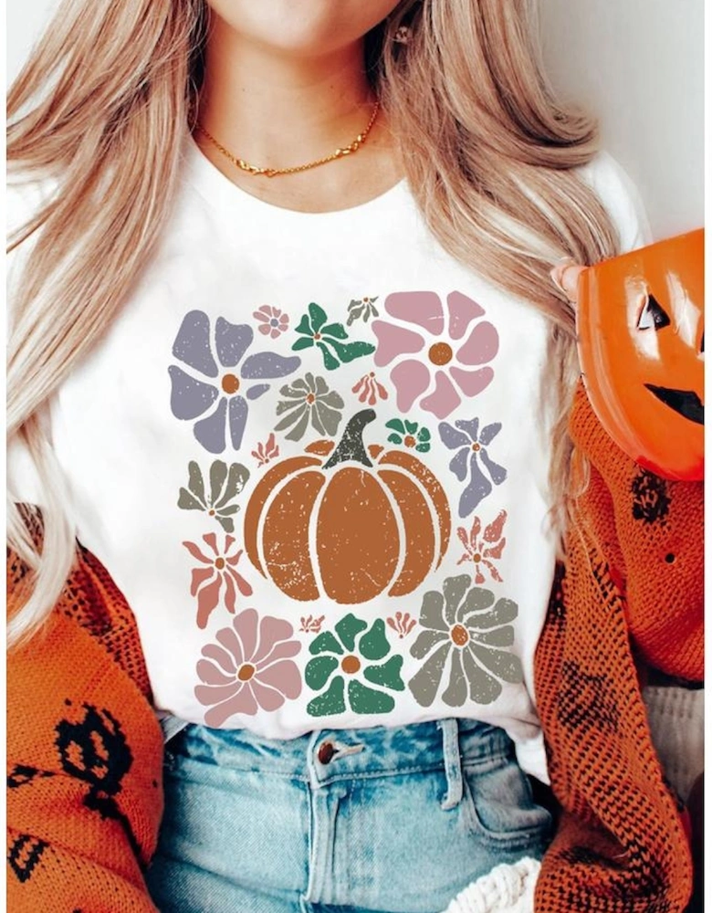 White Flower Pumpkin Distressed Graphic T Shirt