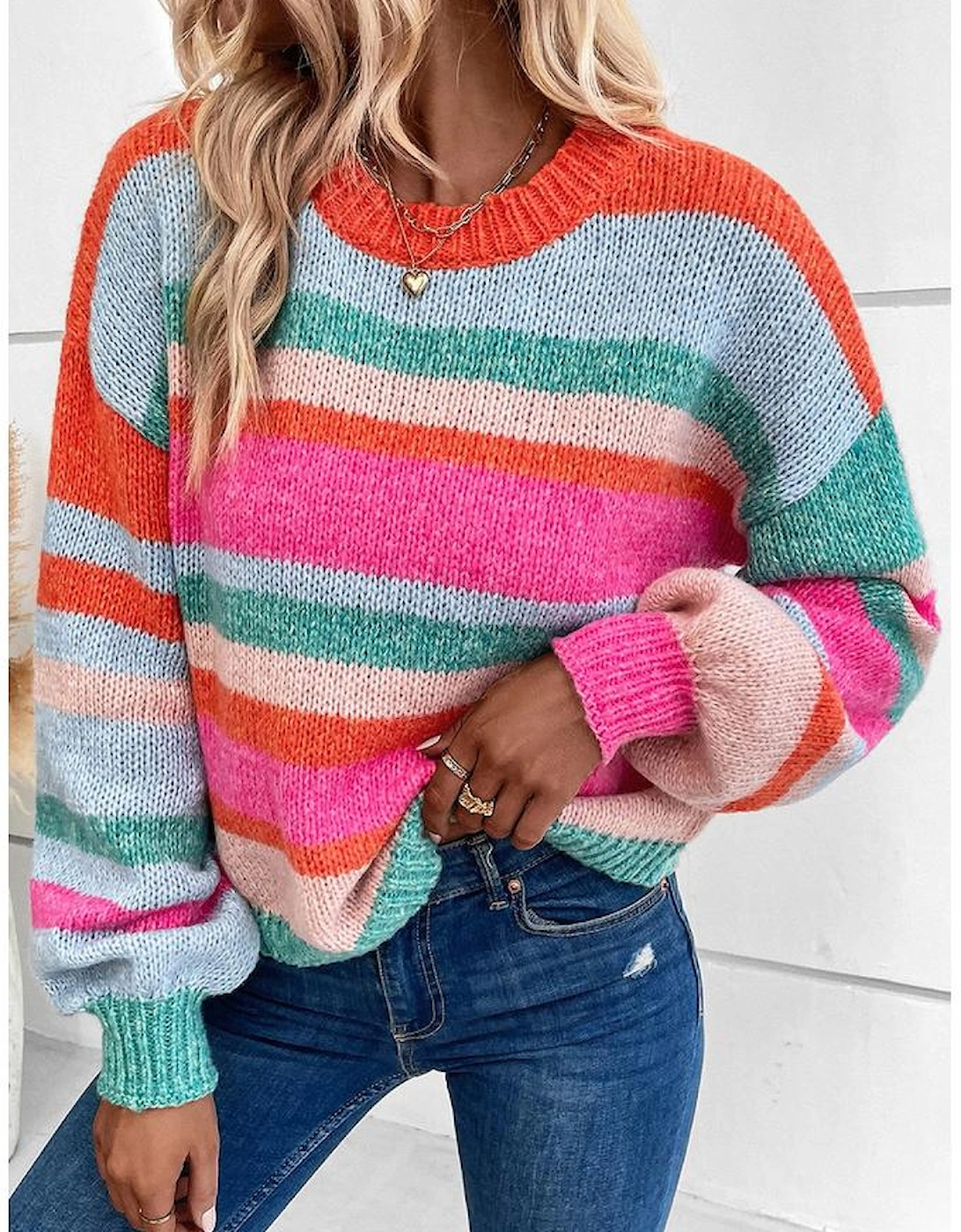 Multicolor Striped Knit Drop Shoulder Puff Sleeve Sweater