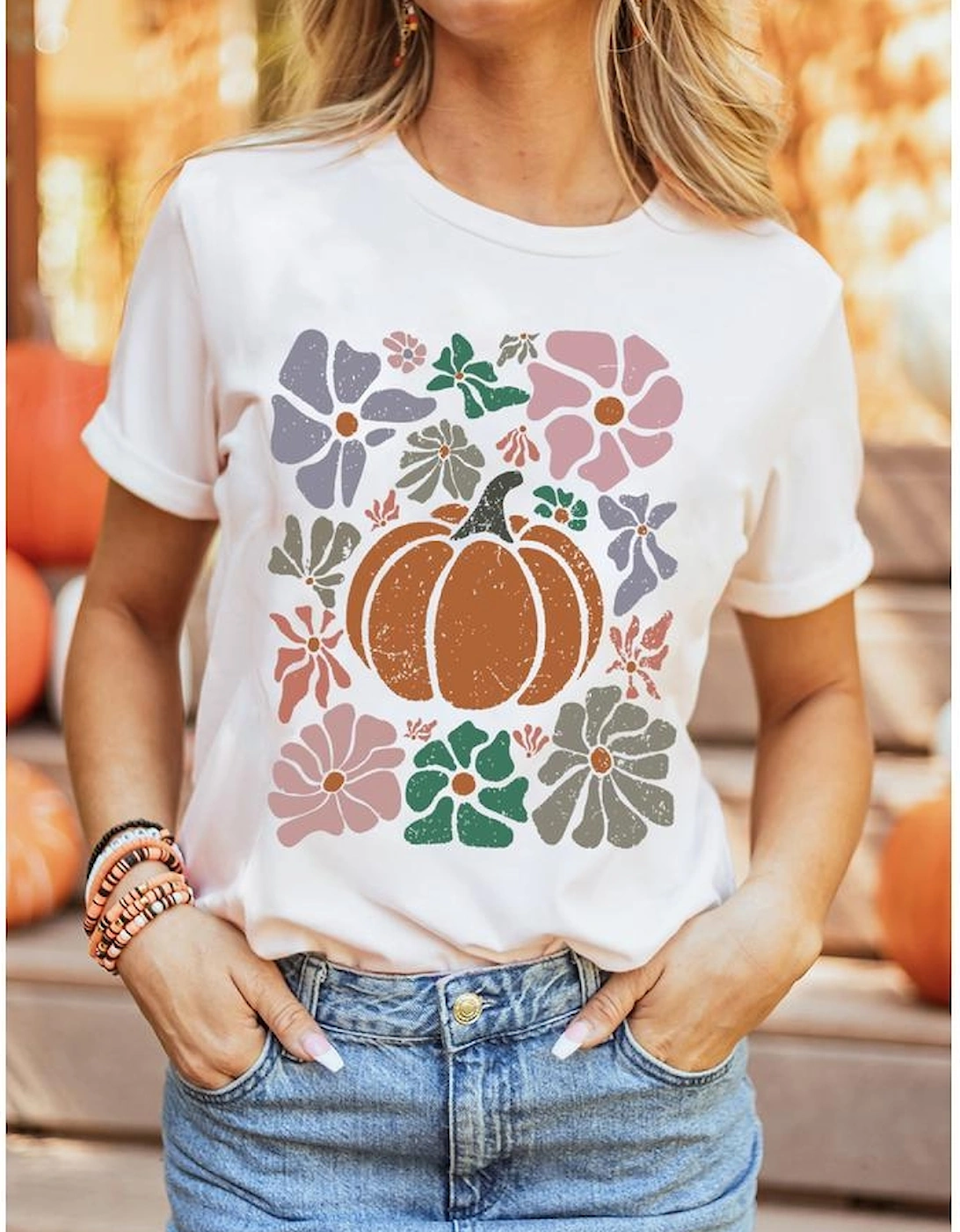 White Flower Pumpkin Distressed Graphic T Shirt