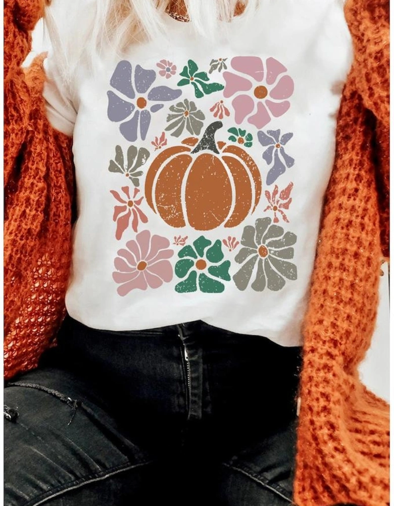 White Flower Pumpkin Distressed Graphic T Shirt