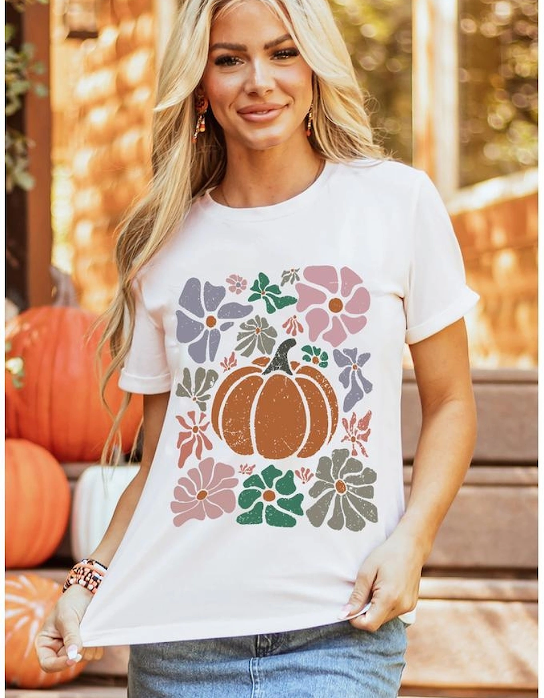 White Flower Pumpkin Distressed Graphic T Shirt