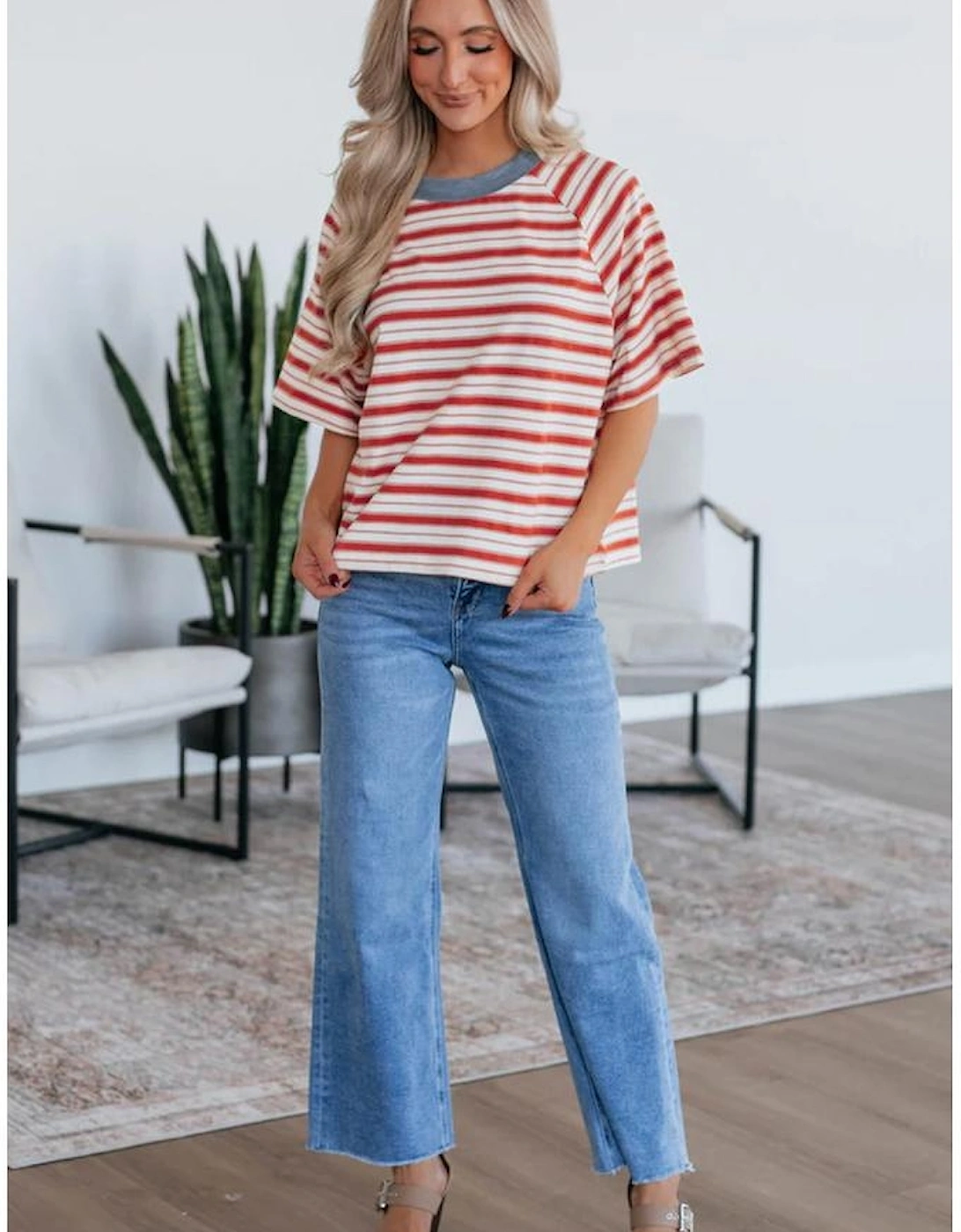 Tomato Red Stripe Print Contrast Collar Raglan Sleeve T Shirt