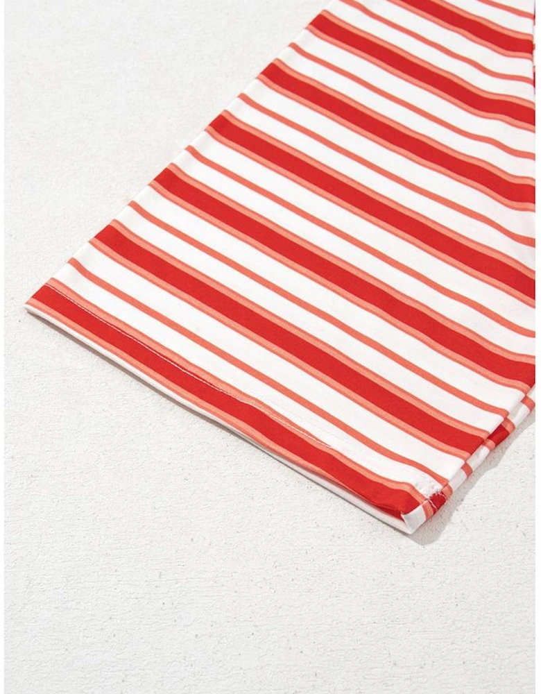 Tomato Red Stripe Print Contrast Collar Raglan Sleeve T Shirt