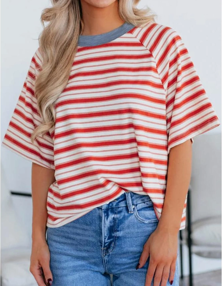 Tomato Red Stripe Print Contrast Collar Raglan Sleeve T Shirt