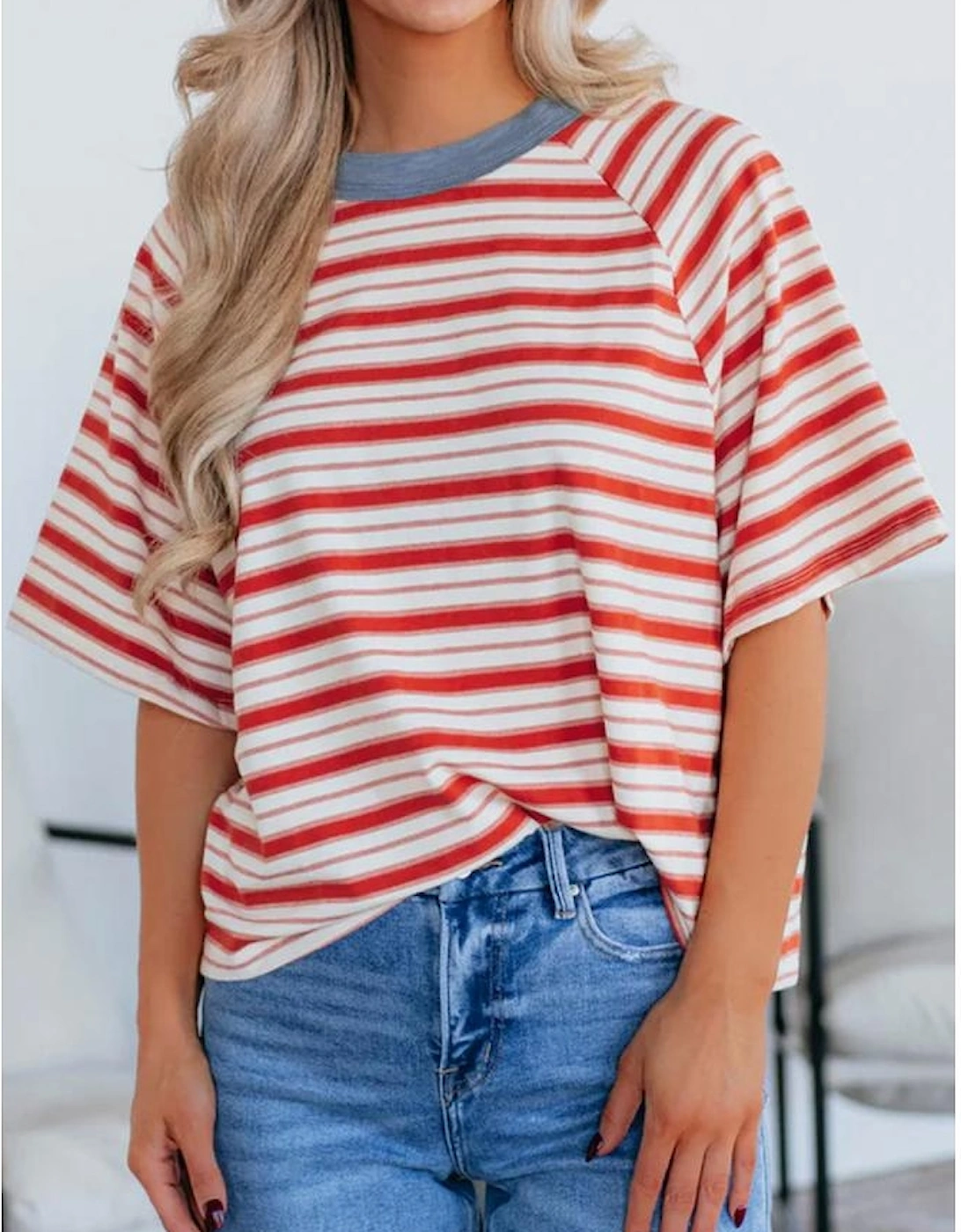 Tomato Red Stripe Print Contrast Collar Raglan Sleeve T Shirt