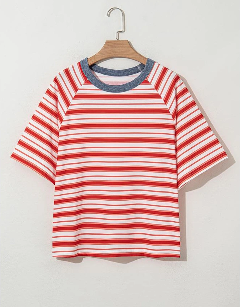 Tomato Red Stripe Print Contrast Collar Raglan Sleeve T Shirt