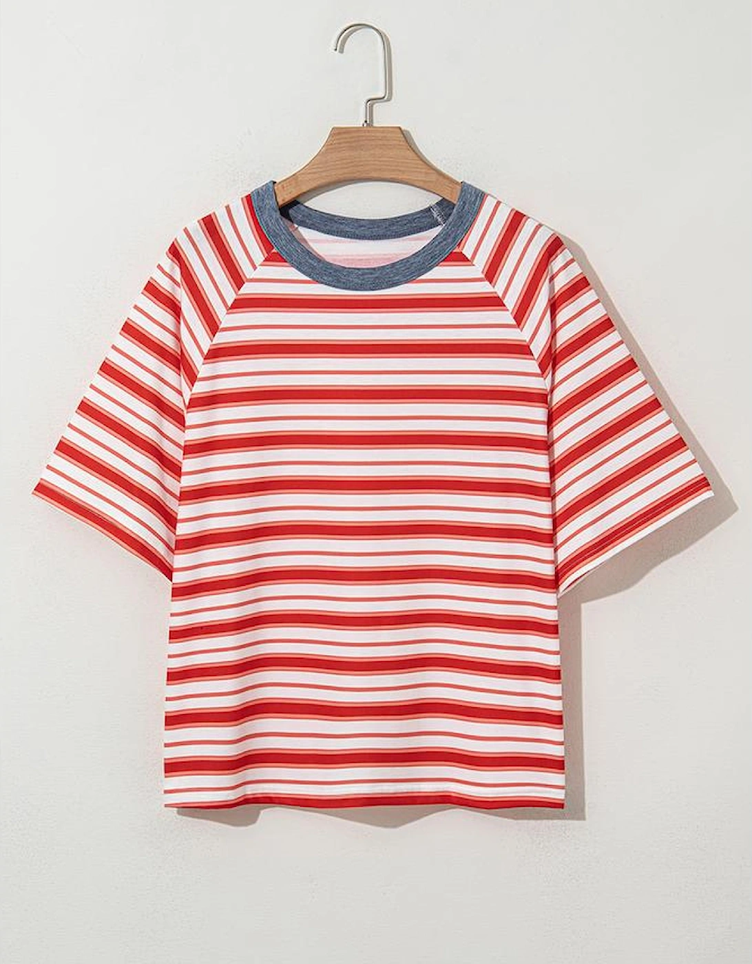 Tomato Red Stripe Print Contrast Collar Raglan Sleeve T Shirt