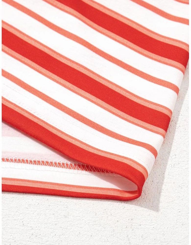 Tomato Red Stripe Print Contrast Collar Raglan Sleeve T Shirt