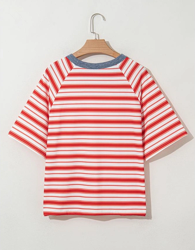 Tomato Red Stripe Print Contrast Collar Raglan Sleeve T Shirt