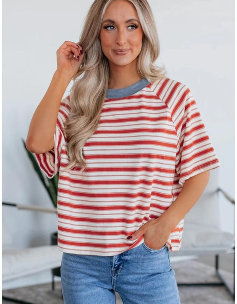 Tomato Red Stripe Print Contrast Collar Raglan Sleeve T Shirt